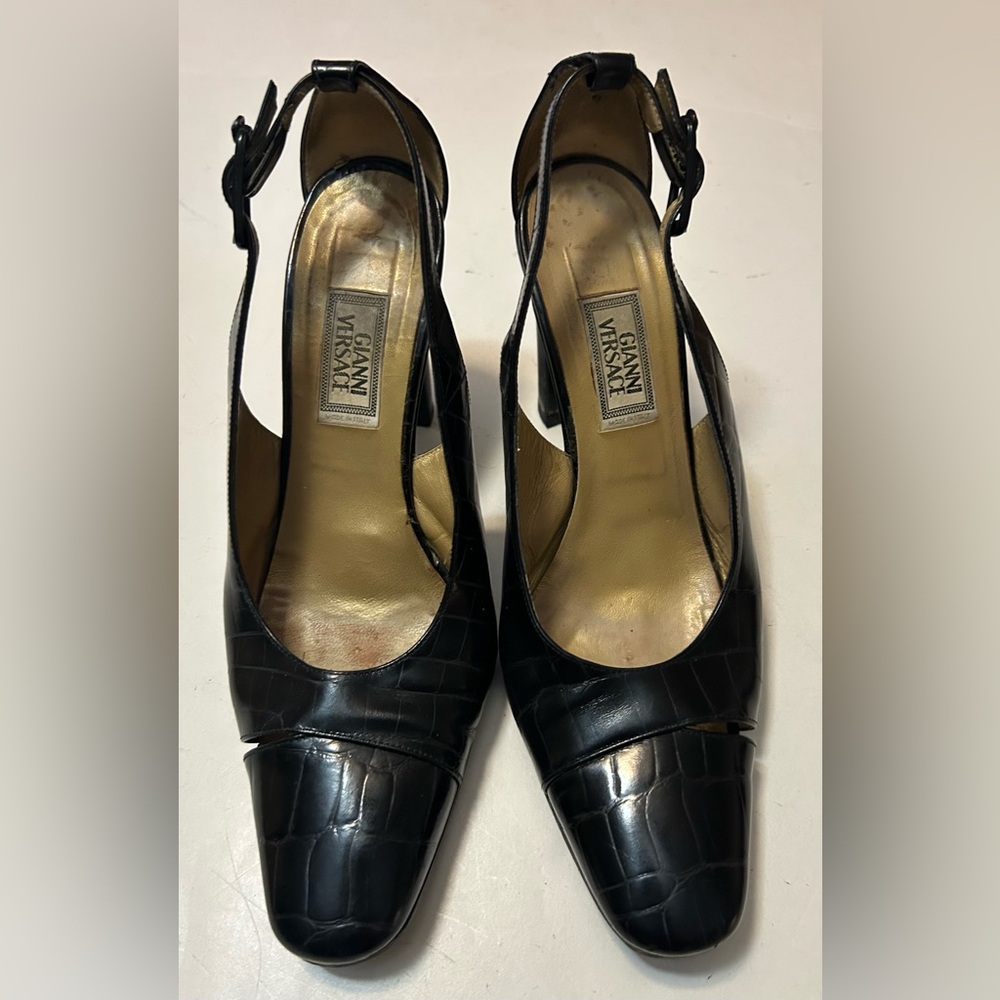 Gianni Versace  Black -Embossed Slingback Heels size 39.5